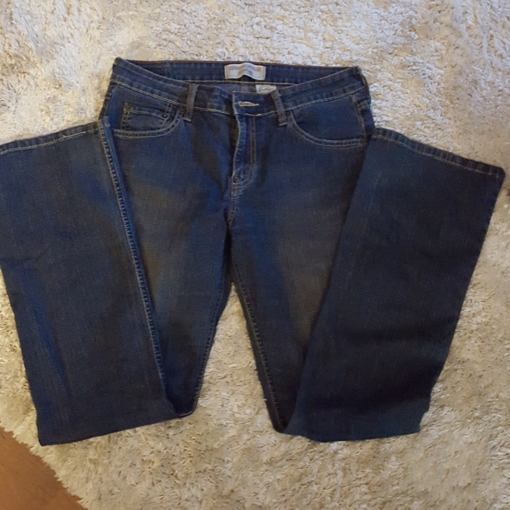 Levi's stretch low rise boot cut dark wash classic blue jeans size 8L 34x33 EUC…